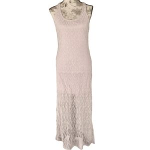 Mauve Gray Neutral Taupe Fitted Stretch Lace Dress ISSI Sheer Bodycon Midi Maxi
